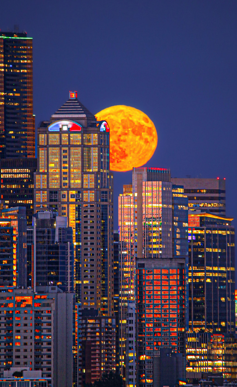 Golden Moonrise Over Seattle — AJ Smadi, Astronomy Photographer of the Year 2026