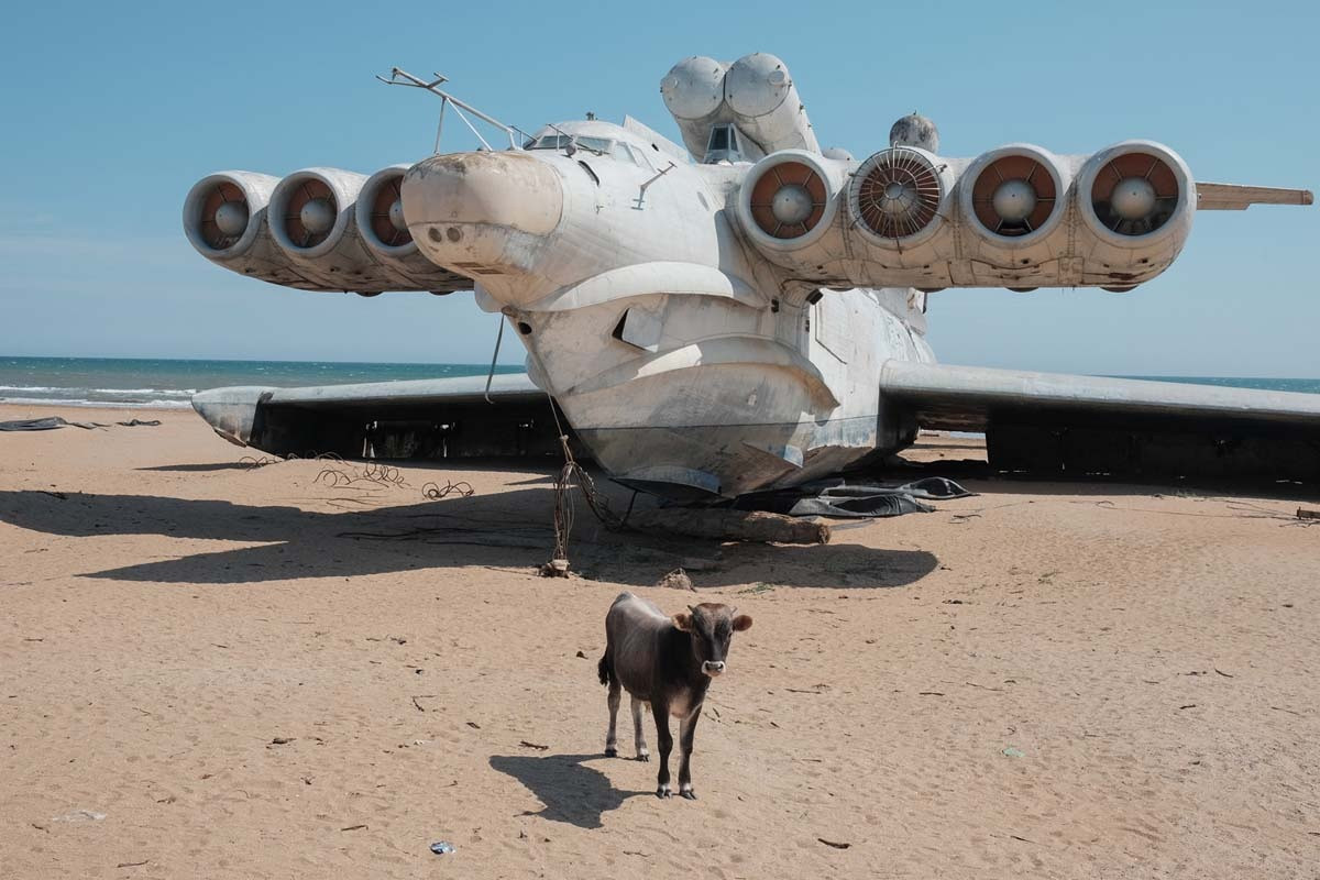 Duży ekranoplan na plaży nad morzem, a przed nim stoi cielę